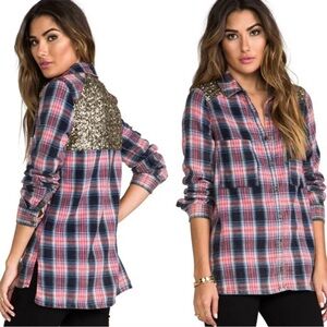 Free People Little Bit of Sugar plaid and sequin button up, size Large